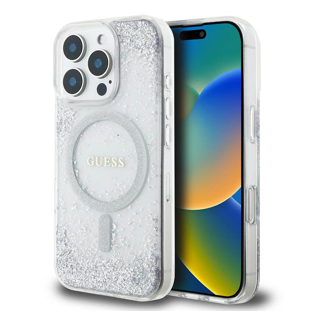 Guess Hardcase Resin Gradient Glitter MagSafe kryt pre iPhone 16 Pro Max – Strieborná KF2345728