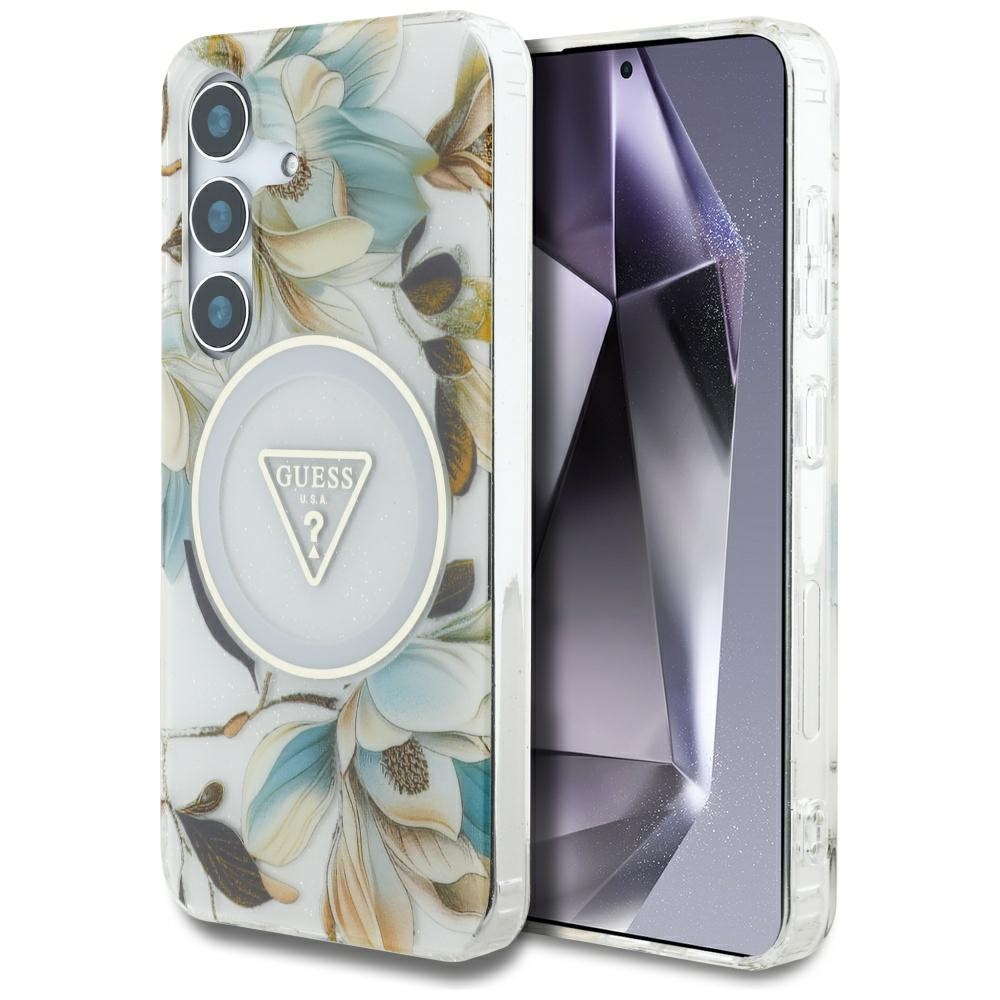 Guess IML Metal Glitter Flowers Triangle MagSafe (GUHMS25SHFLPEDH) kryt pre Samsung Galaxy S25 – Biela KF2345888