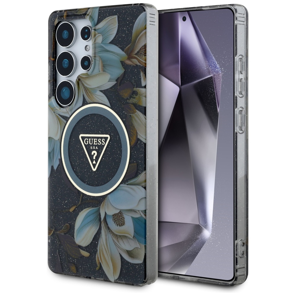 Guess - IML Metal Glitter Flowers Triangle MagSafe (GUHMS25LHFLPEDK) - Samsung Galaxy S25 Ultra - Black KF2345890
