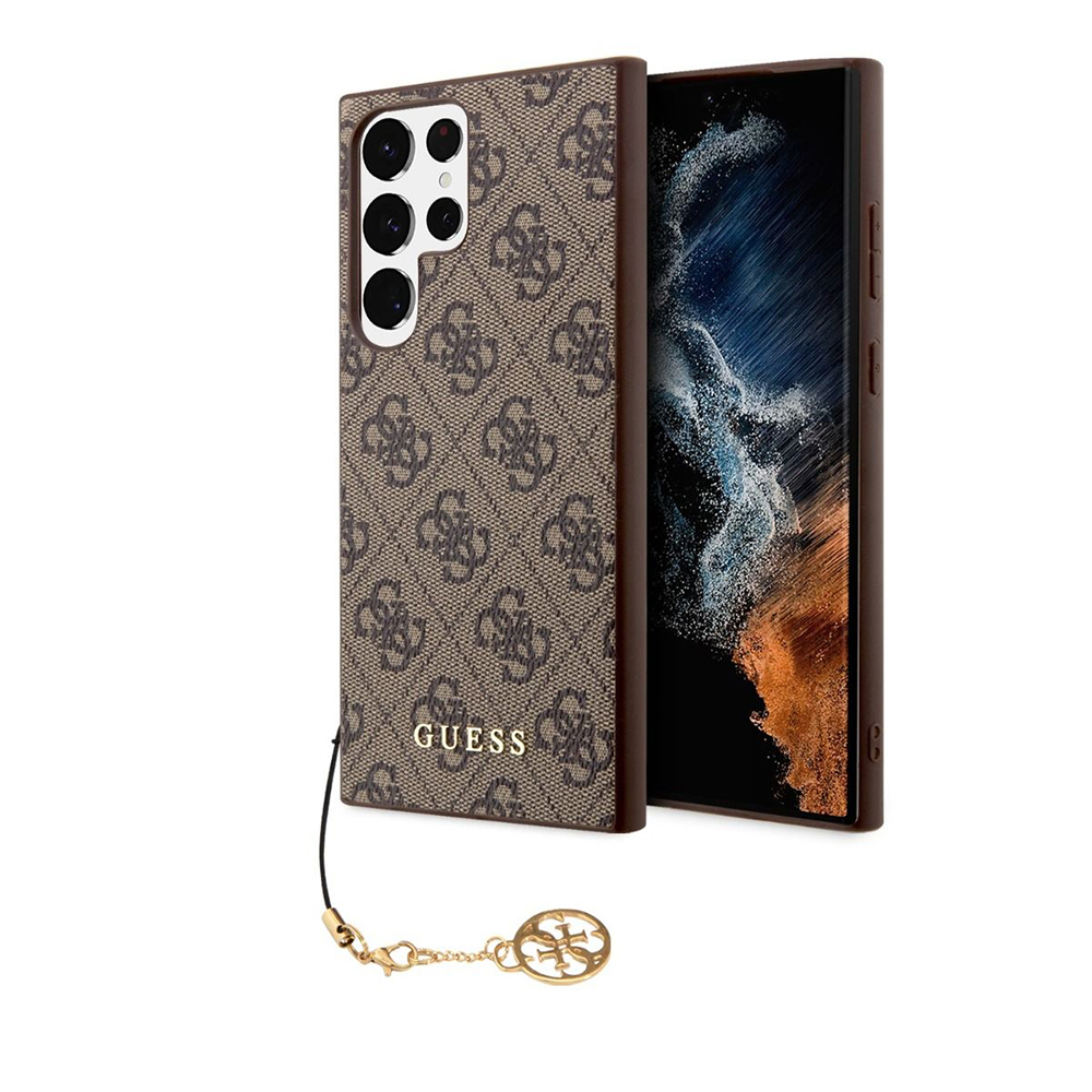 Guess Hardcase 4G Charms Collection (GUHCS24LGF4GBR) – ochranný kryt s 4G vzorom a príveskom pre Samsung Galaxy S24 Ultra – hnedý KF2340042