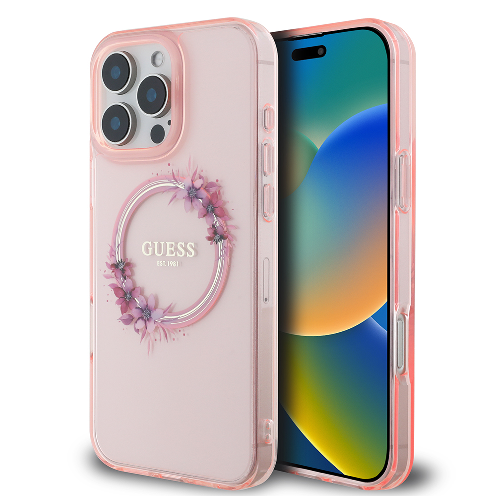 Guess IML Flowers Wreath MagSafe Kryt pre iPhone 16 Pro Max – ružový KF2340612