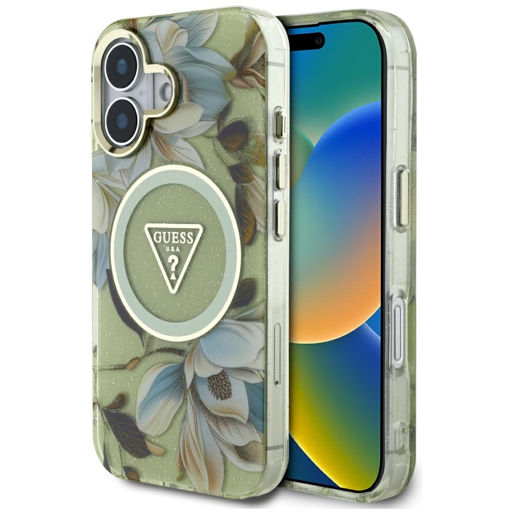 Guess IML Metal Glitter Flowers Triangle MagSafe Kryt pre iPhone 16 – zelený KF2346526