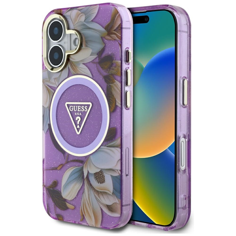 Guess IML Metal Glitter Flowers Triangle MagSafe Kryt pre iPhone 16 – fialový KF2346527