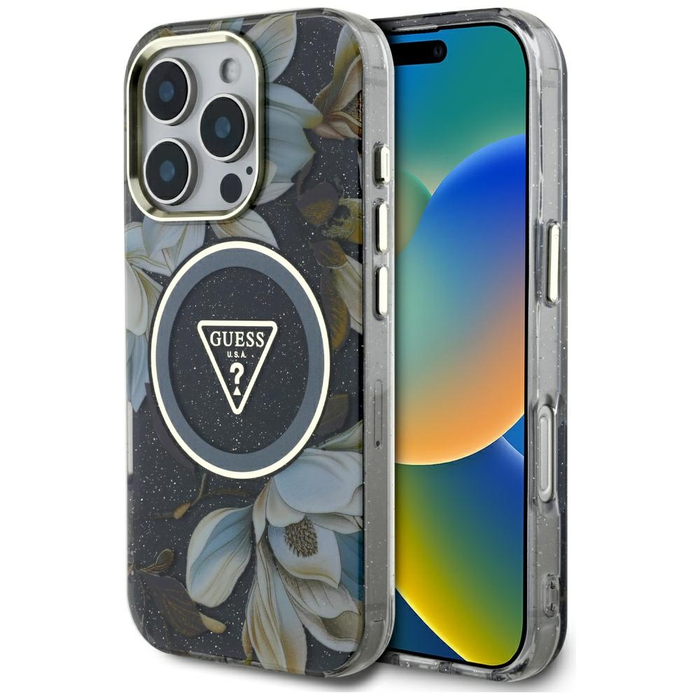 Guess IML Metal Glitter Flowers Triangle MagSafe Kryt pre iPhone 16 Pro – čierny KF2346528