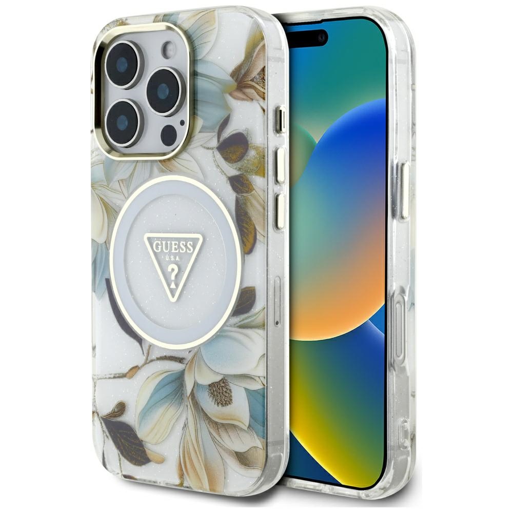 Guess IML Metal Glitter Flowers Triangle MagSafe Kryt pre iPhone 16 Pro – biely KF2346529