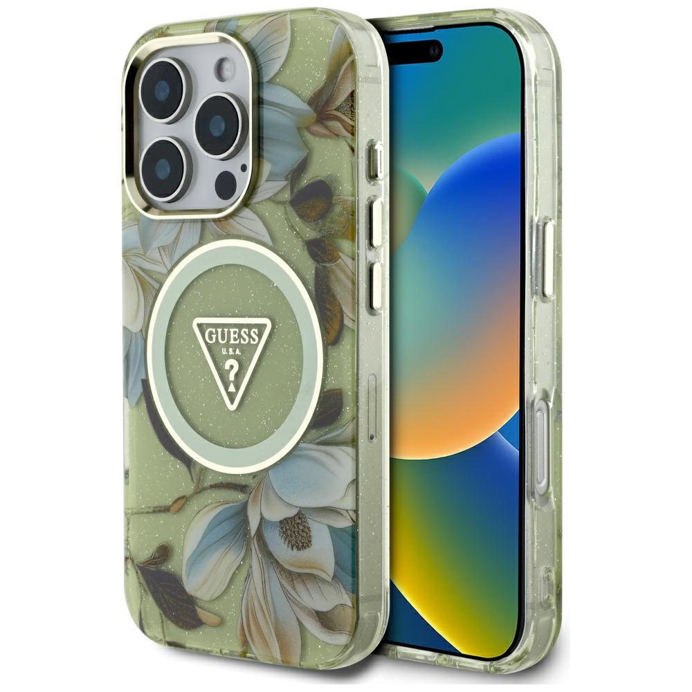 Guess IML Metal Glitter Flowers Triangle MagSafe Kryt pre iPhone 16 Pro – zelený KF2346530