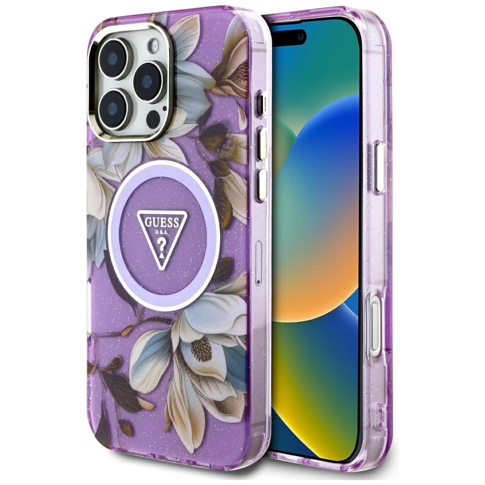 Guess IML Metal Glitter Flowers Triangle MagSafe Kryt pre iPhone 16 Pro – fialový KF2346531