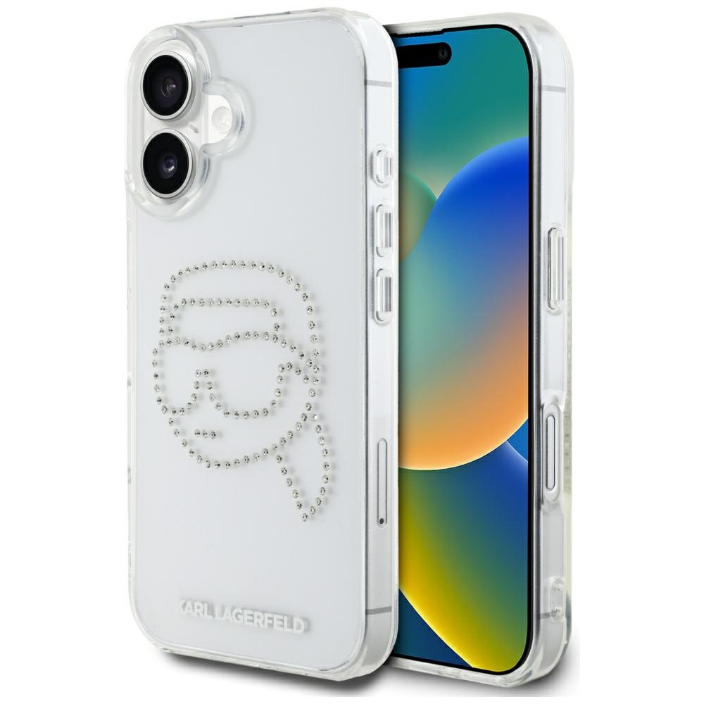 Karl Lagerfeld IML Rhinestones Kryt pre iPhone 16 – Karl Head priehľadný KF2346538