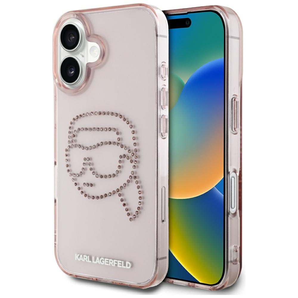 Karl Lagerfeld IML Rhinestones Kryt pre iPhone 16 – Karl Head ružový KF2346539