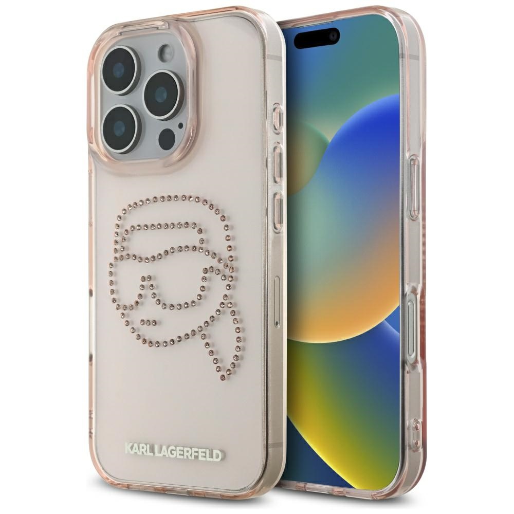 Karl Lagerfeld IML Rhinestones Kryt pre iPhone 16 Pro Max – Karl Head ružový KF2346541