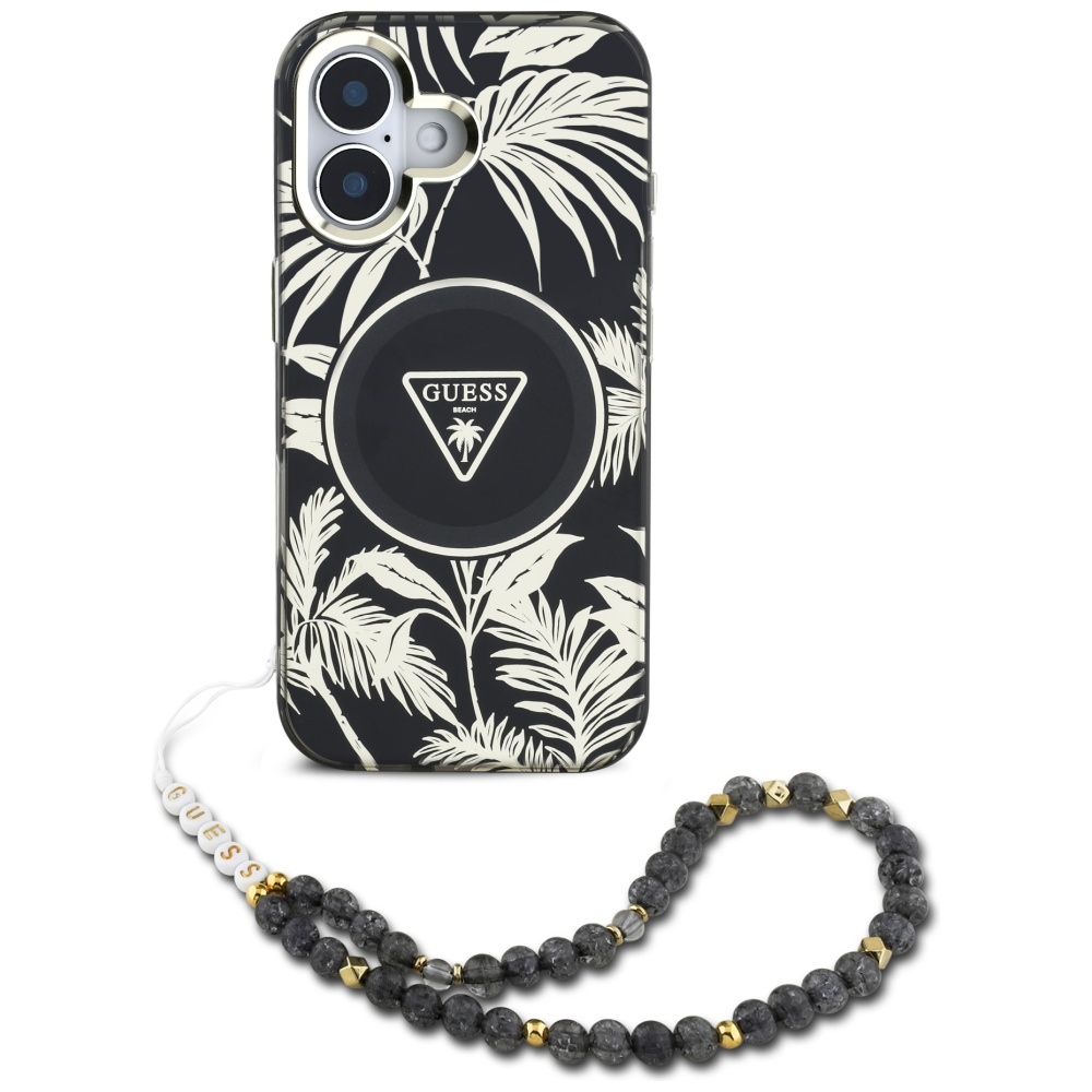 Guess IML Palm Trees Triangle MagSafe Kryt s perlovou šnúrkou pre iPhone 16 – čierny KF2346542