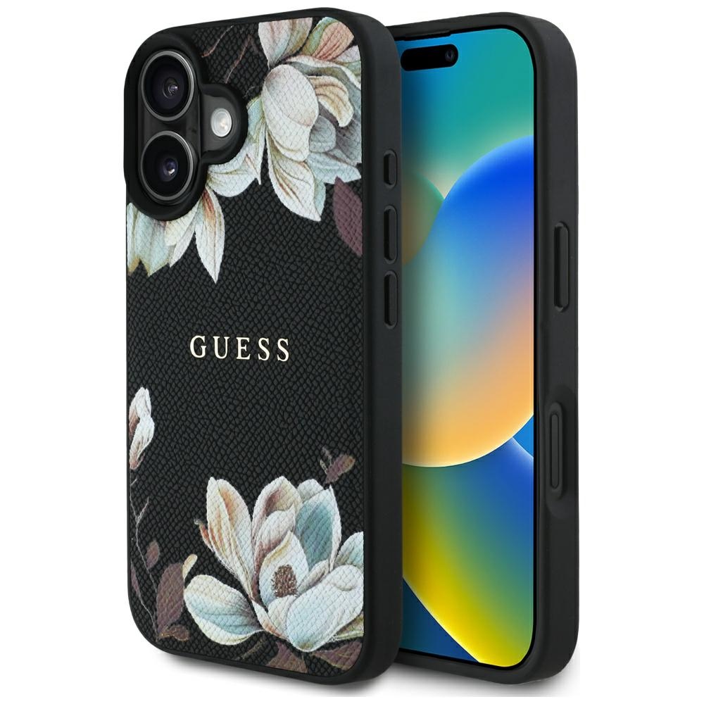 Guess Grained Flowers MagSafe Kryt pre iPhone 16 – čierny KF2346564