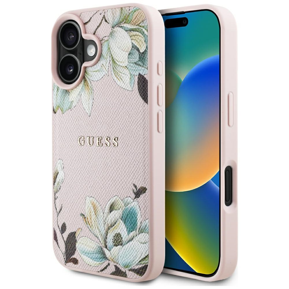 Guess Grained Flowers MagSafe Kryt pre iPhone 16 – ružový KF2346565