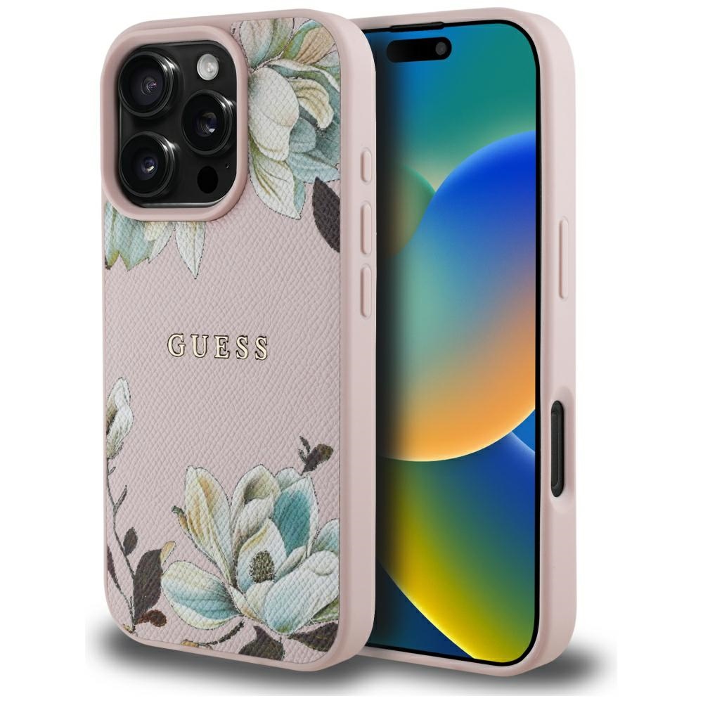 Guess Grained Flowers MagSafe Kryt pre iPhone 16 Pro – ružový KF2346567