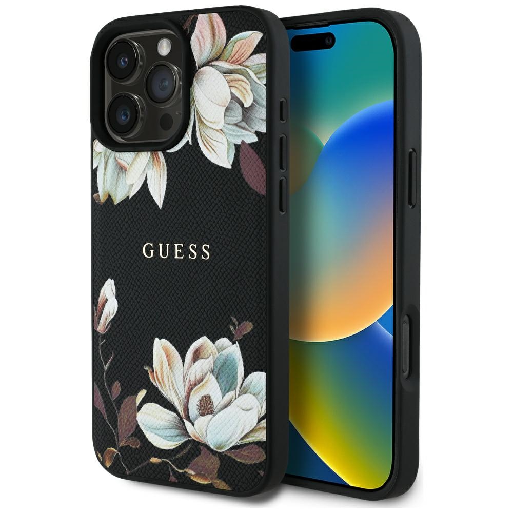 Guess Grained Flowers MagSafe Kryt pre iPhone 16 Pro Max – čierny KF2346568