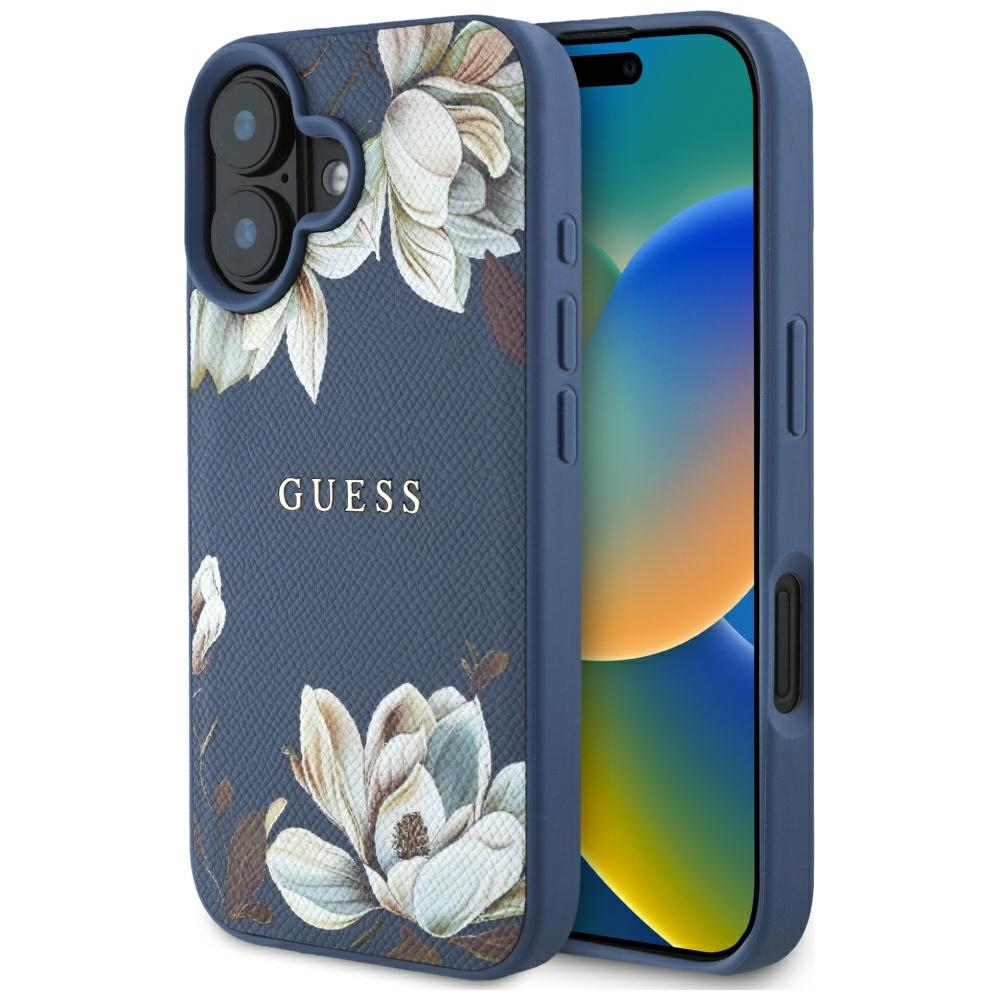 Guess Grained Flowers MagSafe Kryt pre iPhone 16 – modrý KF2346570