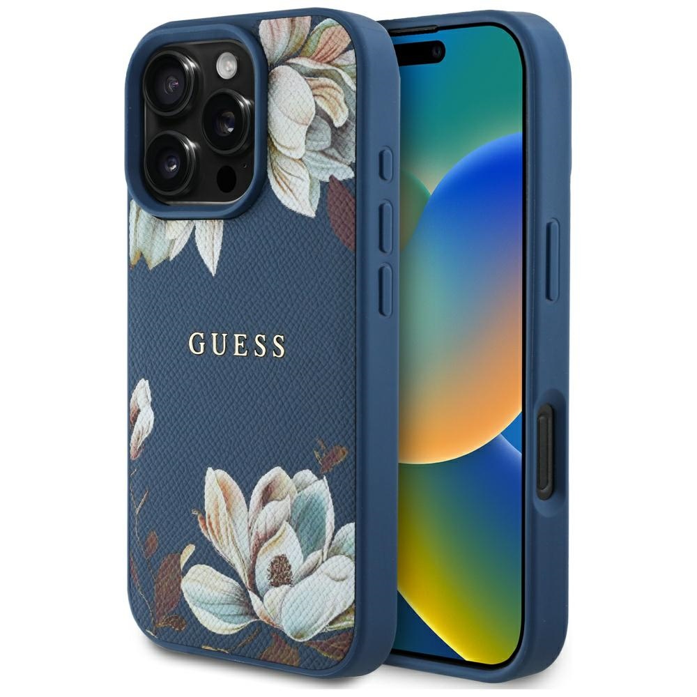 Guess Grained Flowers MagSafe Kryt pre iPhone 16 Pro Max – modrý KF2346574