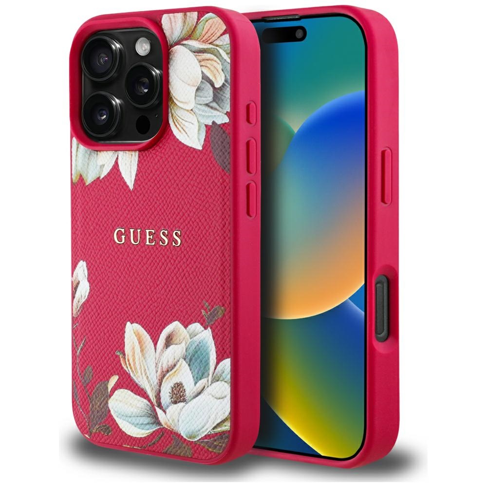 Guess Grained Flowers MagSafe Kryt pre iPhone 16 Pro Max – fuksiový KF2346575