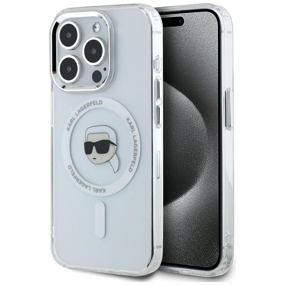 Karl Lagerfeld IML MagSafe Kryt pre iPhone 15 Pro – biely s kovovým logom Karl KF2346587