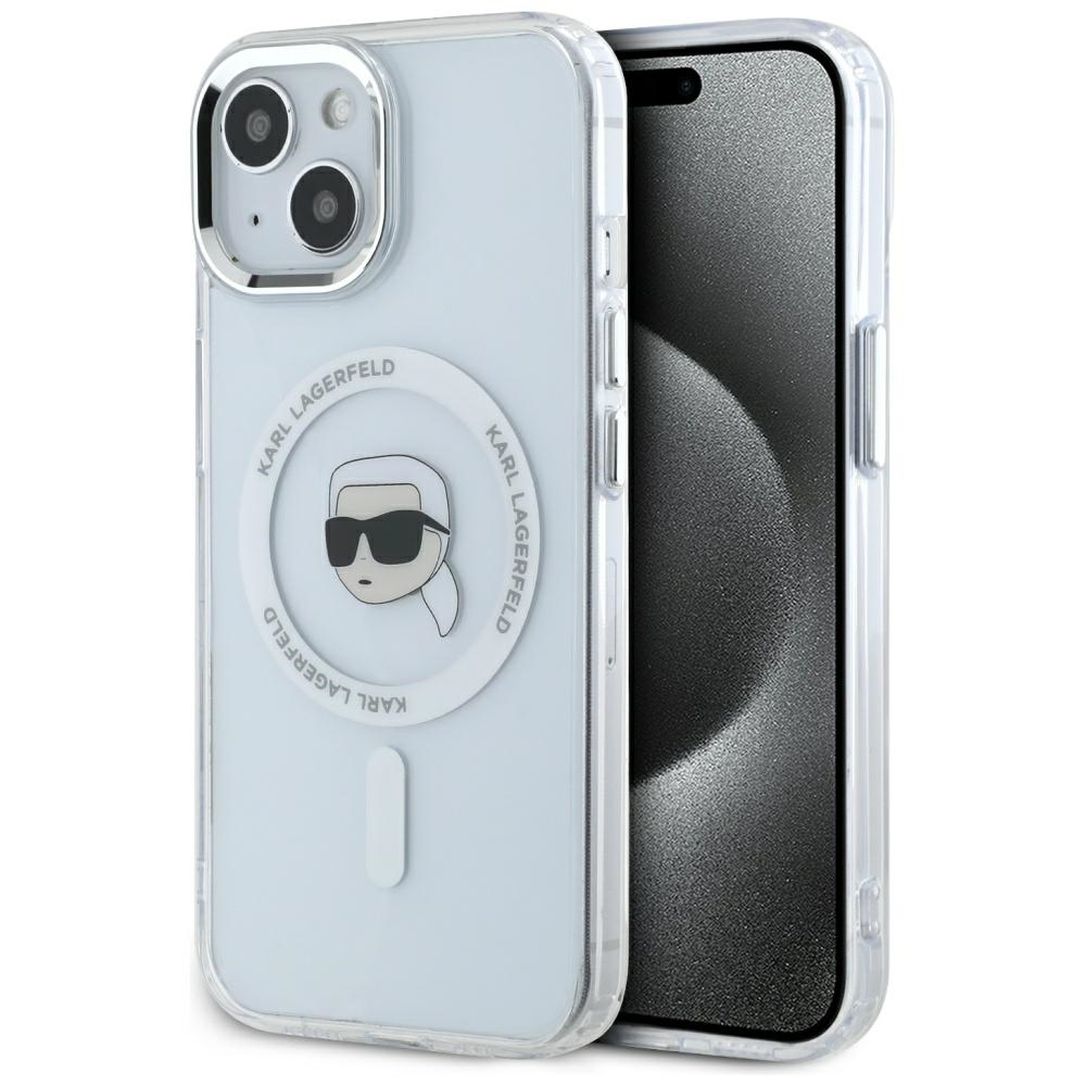 Karl Lagerfeld IML MagSafe kryt na iPhone 15 Plus – biela metalická Karlova hlava KF2346588