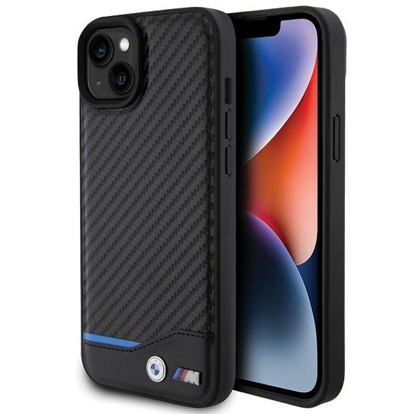 BMW kožený kryt Carbon pre iPhone 15 Plus – Čierny KF2345169