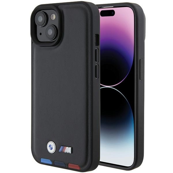 BMW kožený Stamp Tricolor kryt na iPhone 15 – čierny KF2345406