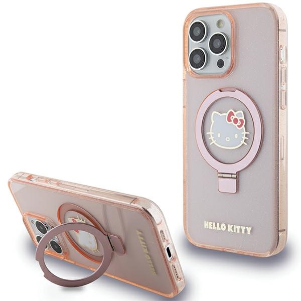Hello Kitty Hardcase Ring Stand Glitter Electrop Logo MagSafe kryt na iPhone 15 Pro Max – ružový KF2345592