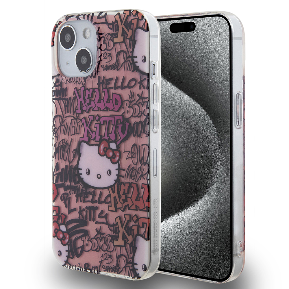 Hello Kitty Hardcase IML Tags Graffiti kryt na iPhone 15 – ružový KF2345610