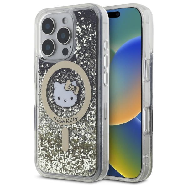 Hello Kitty Hardcase Liquid Glitter Fever MagSafe kryt na iPhone 16 Pro – čierno-zlatý KF2345620