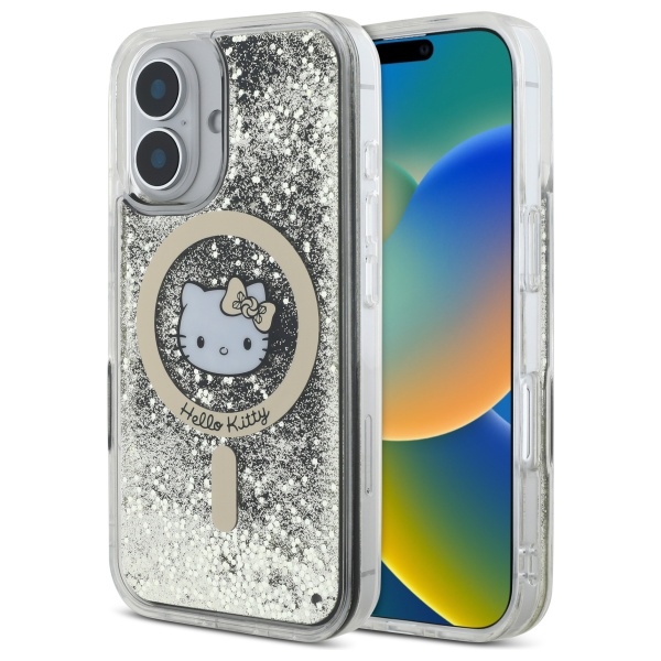 Hello Kitty Hardcase Liquid Glitter Fever MagSafe kryt na iPhone 16 – čierno-zlatý KF2345623