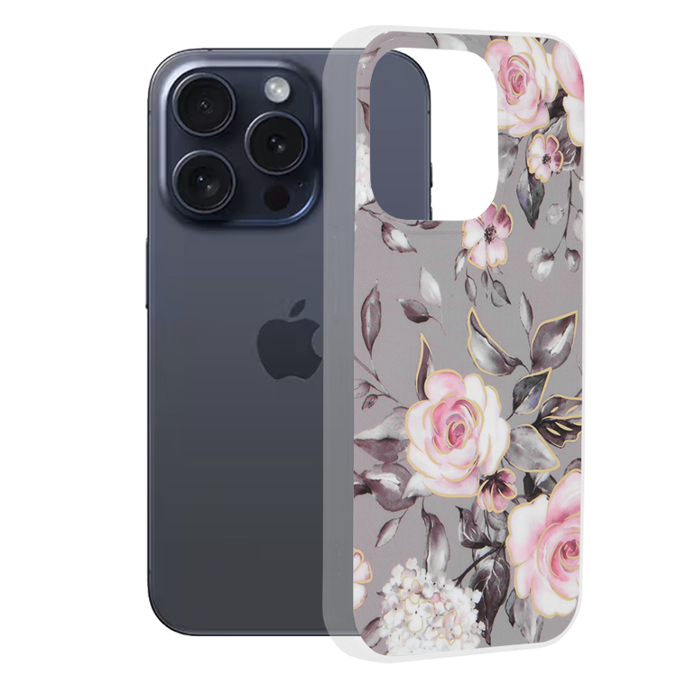 Techsuit Marble Series kryt na iPhone 15 Pro – Bloom of Ruth sivý KF2314116