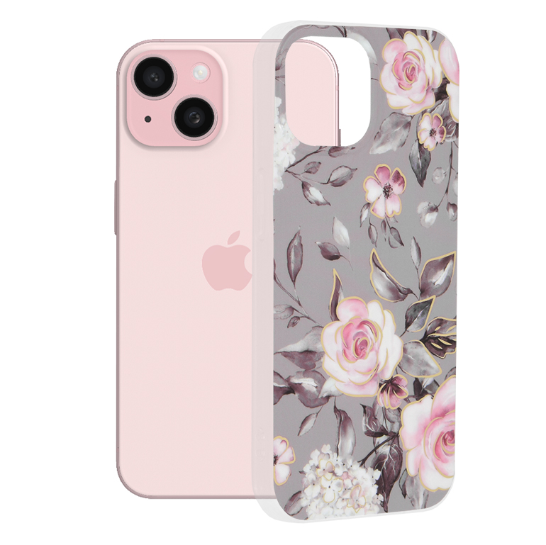 Techsuit Marble Series kryt na iPhone 15 – Bloom of Ruth sivý KF2314110