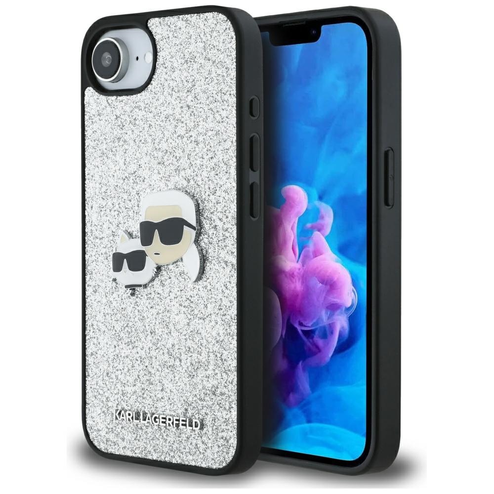 Karl Lagerfeld Hardcase Glitter Fixed kryt na iPhone 16e – strieborný Karl & Choupette Head KF2347199