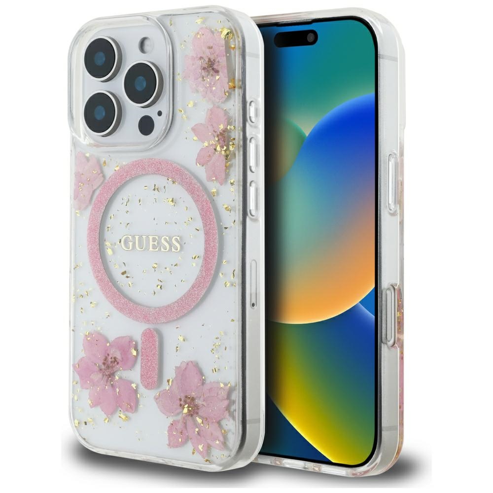 Guess Hardcase Resin Flowers and Glitter MagSafe puzdro pre iPhone 16 Pro Max – ružové KF2347704