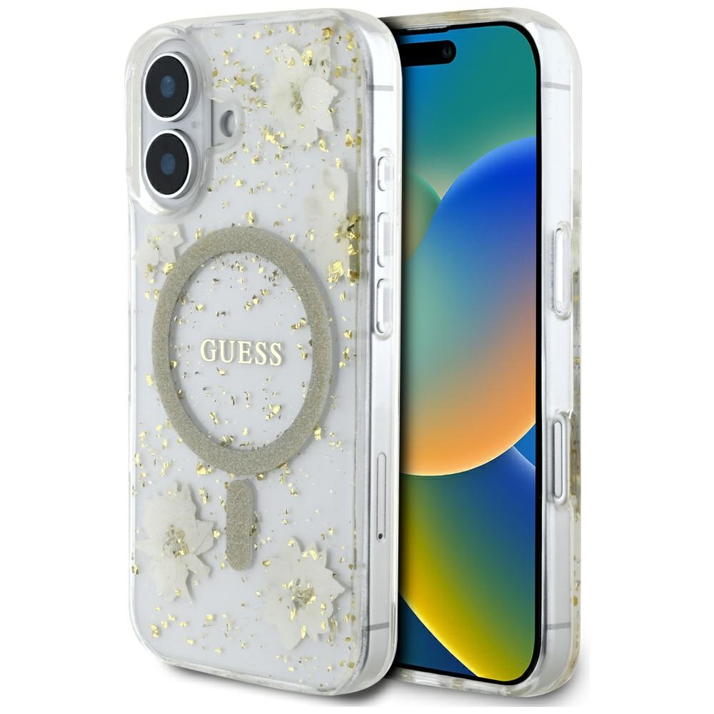 Guess Hardcase Resin Flowers and Glitter MagSafe puzdro pre iPhone 16 – béžové KF2347705
