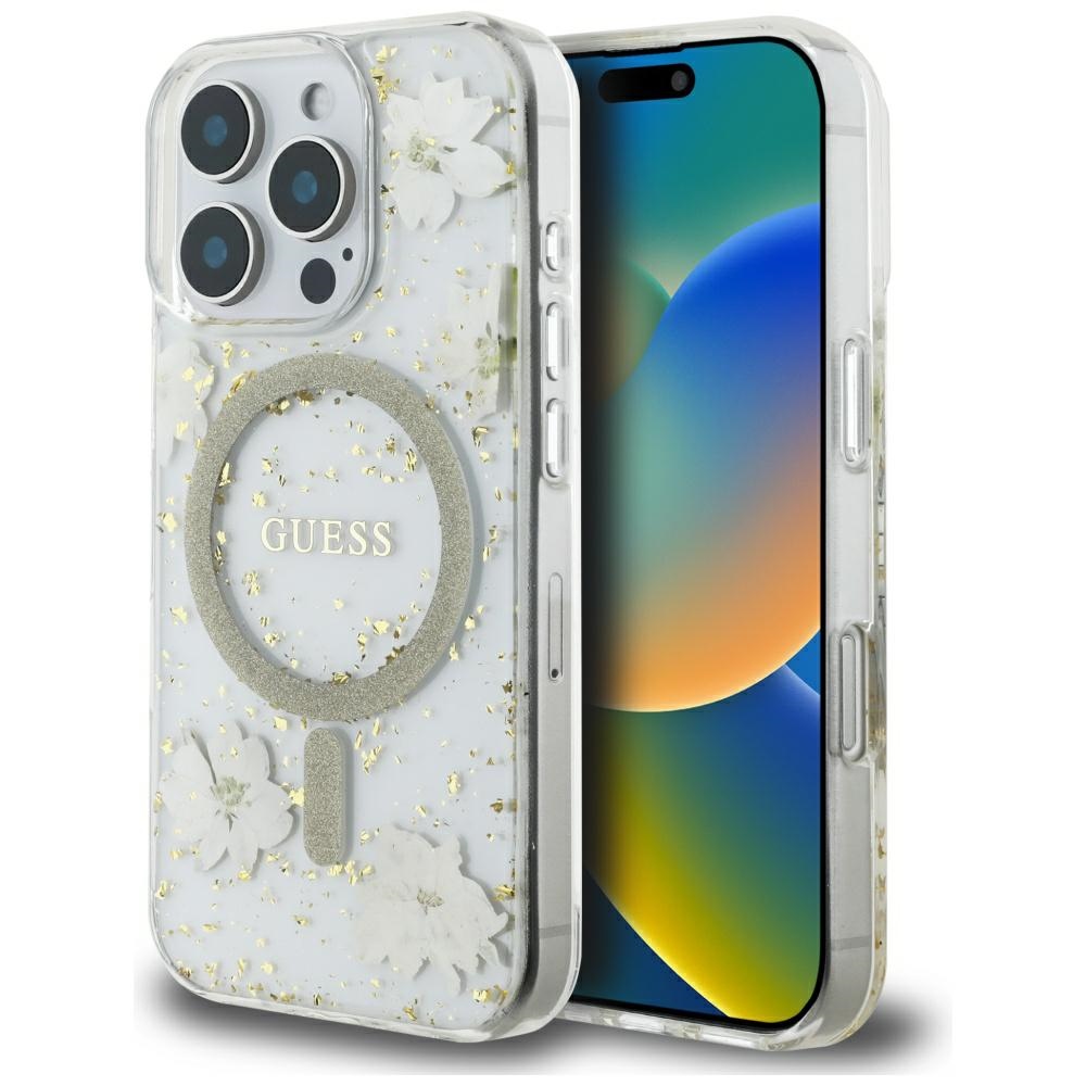 Guess Hardcase Resin Flowers and Glitter MagSafe puzdro pre iPhone 16 Pro – béžové KF2347706