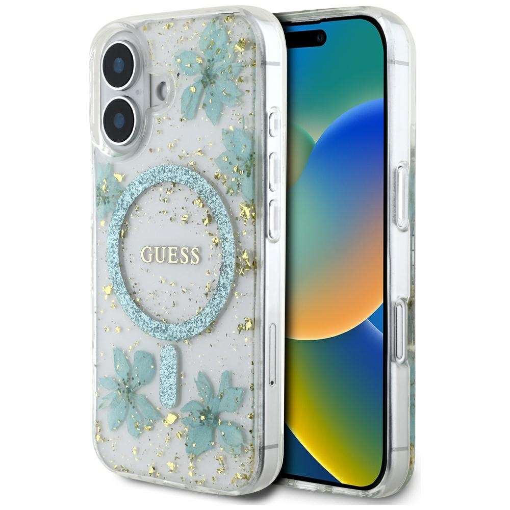 Guess Hardcase Resin Flowers and Glitter MagSafe puzdro pre iPhone 16 – tyrkysové KF2347708