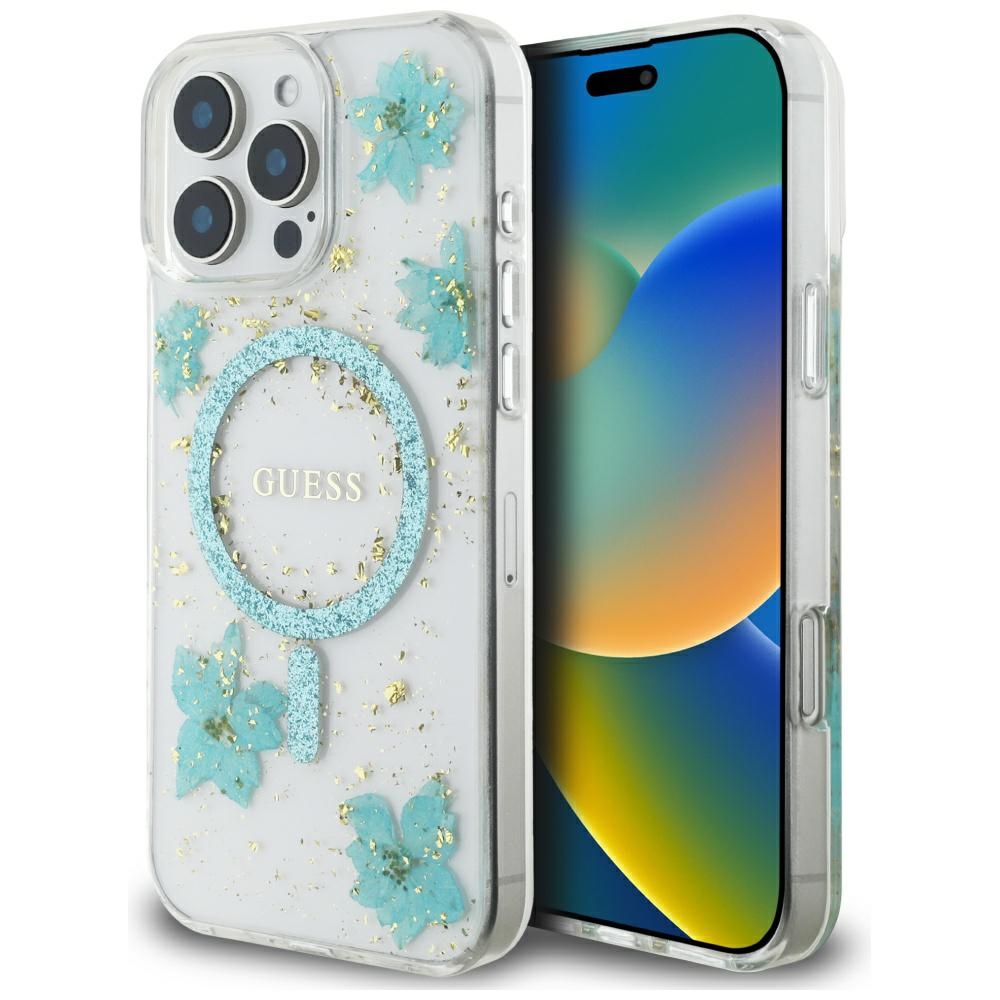 Guess Hardcase Resin Flowers and Glitter MagSafe puzdro pre iPhone 16 Pro – tyrkysové KF2347709