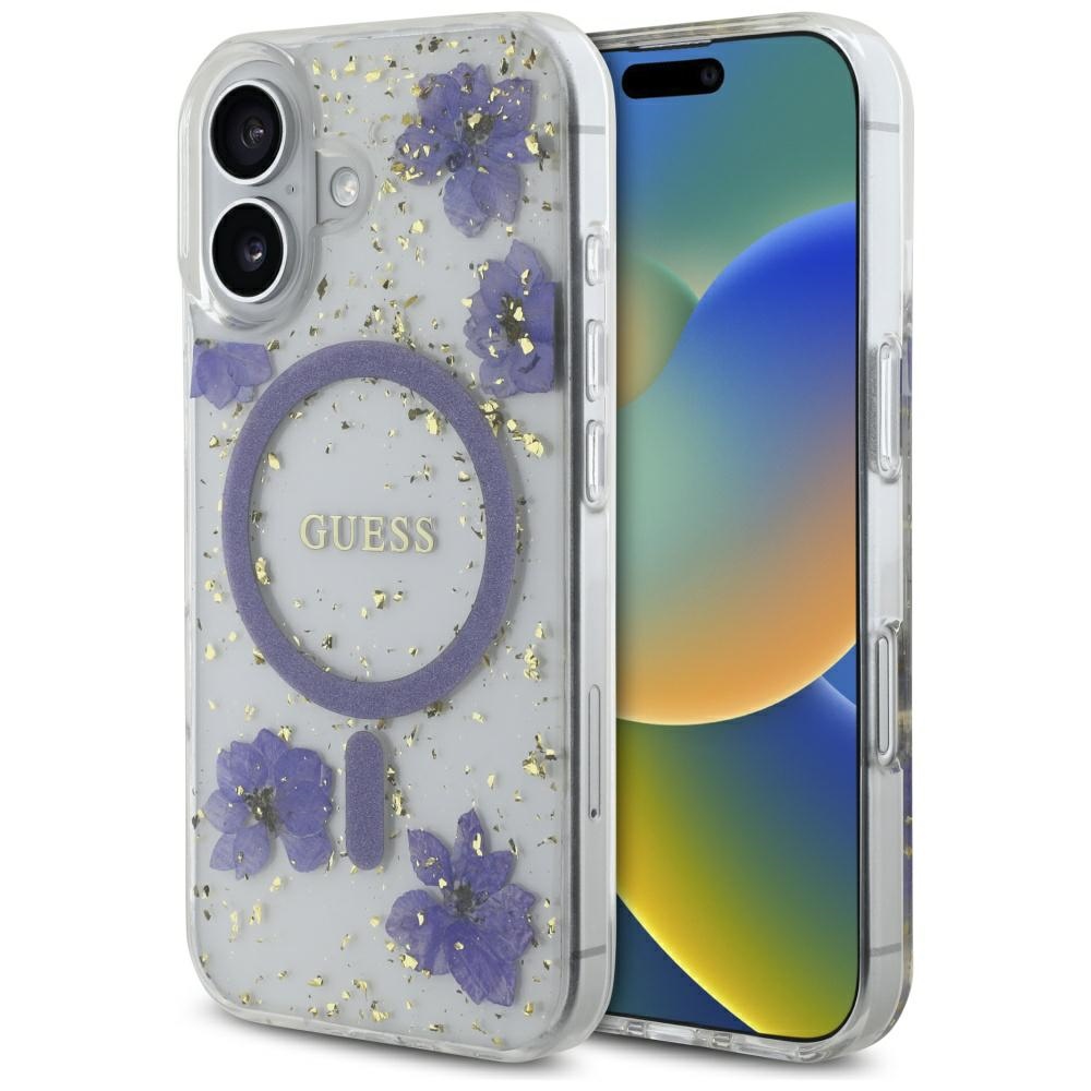 Guess Hardcase Resin Flowers and Glitter MagSafe puzdro pre iPhone 16 – fialové KF2347711