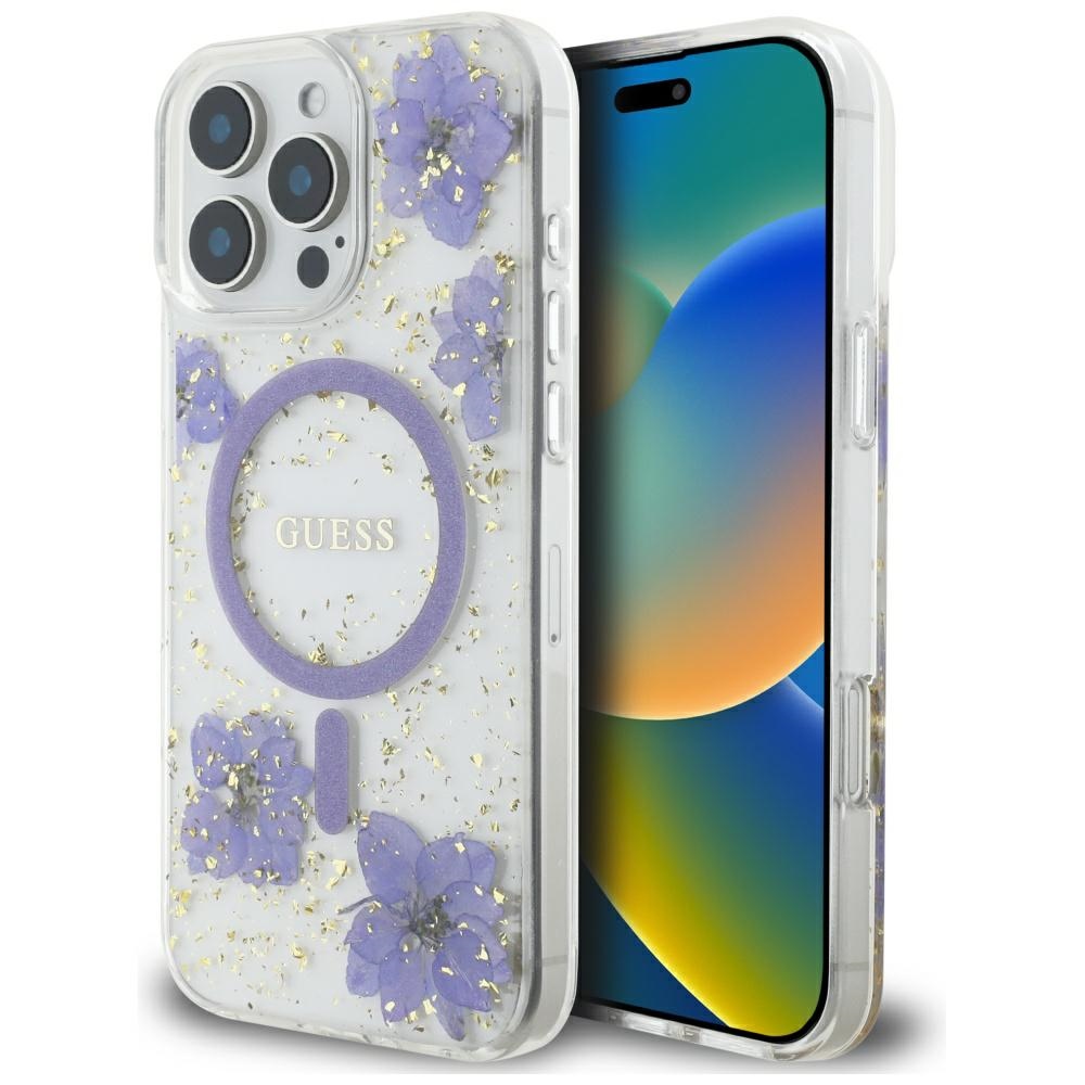 Guess Hardcase Resin Flowers and Glitter MagSafe puzdro pre iPhone 16 Pro Max – fialové KF2347713