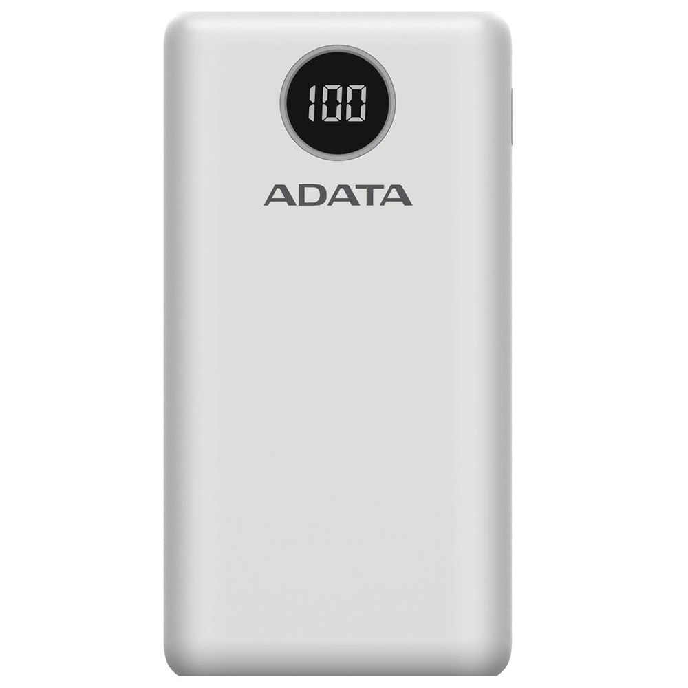 Adata power banka AP20000QCD – 20 000 mAh, Quick Charge 3.0, 18 W PD, Micro USB, USB-C, 2× USB-A, digitálny displej, biela KF2342174