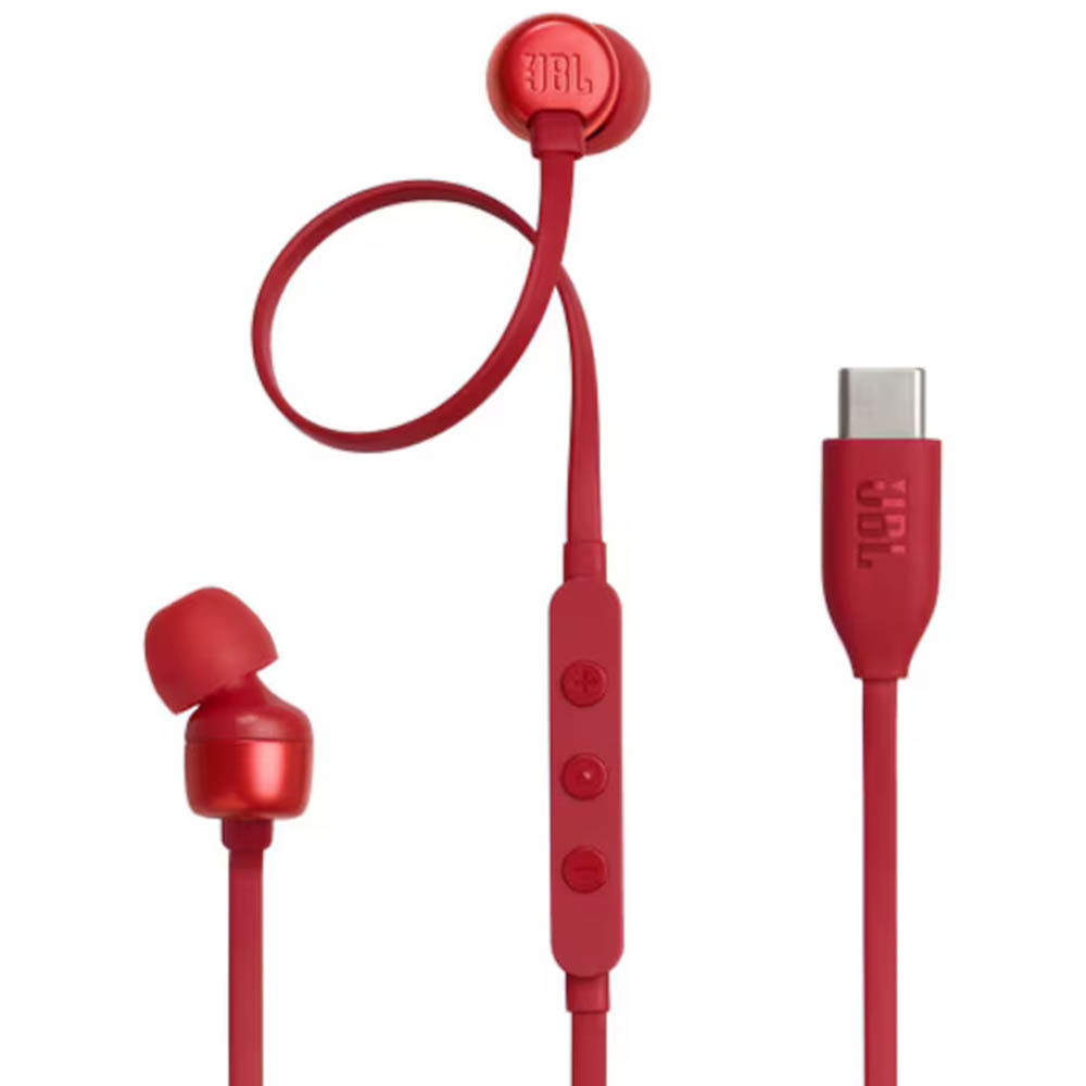 JBL 310C káblové slúchadlá – USB-C, Hi-Res Audio, Pure Bass, 3-tlačidlové ovládanie s mikrofónom – červené KF2345651