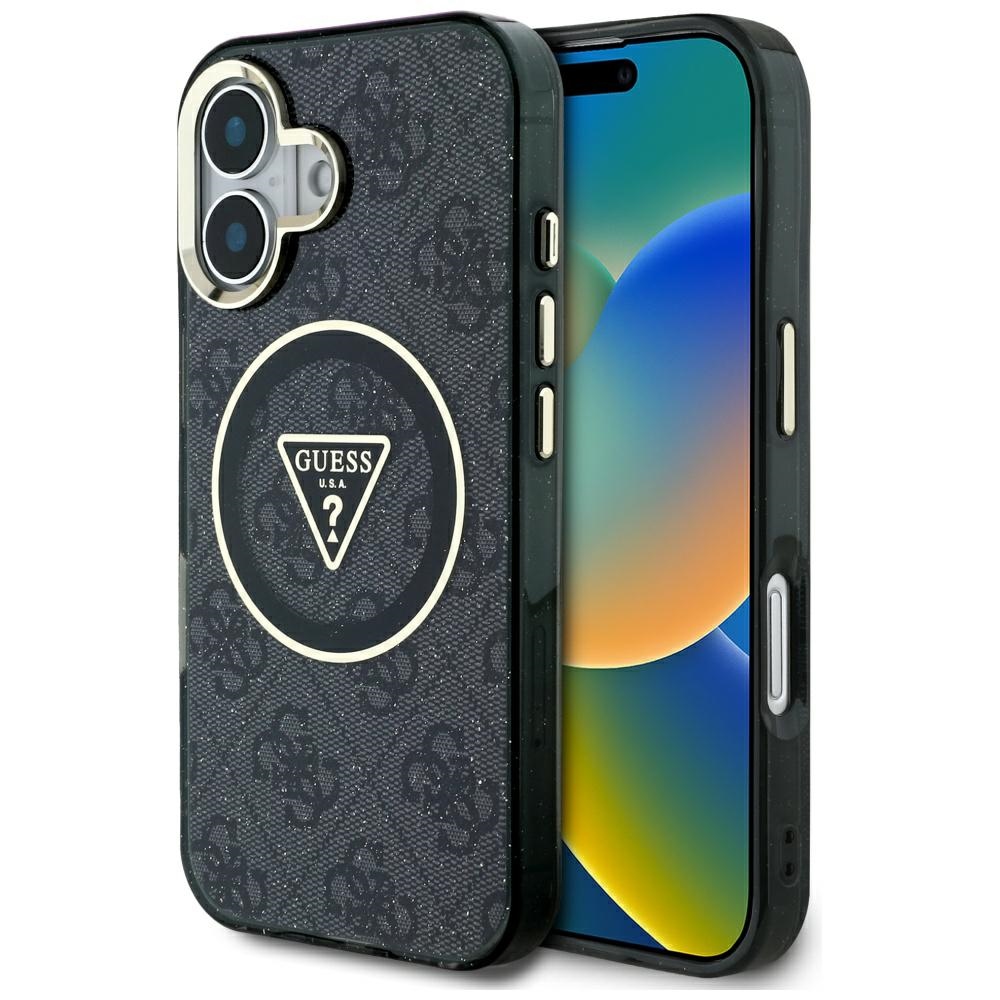Guess - IML Metal Glitter 4G Circle Triangle MagSafe obal na iPhone 16 - čierny KF2347803