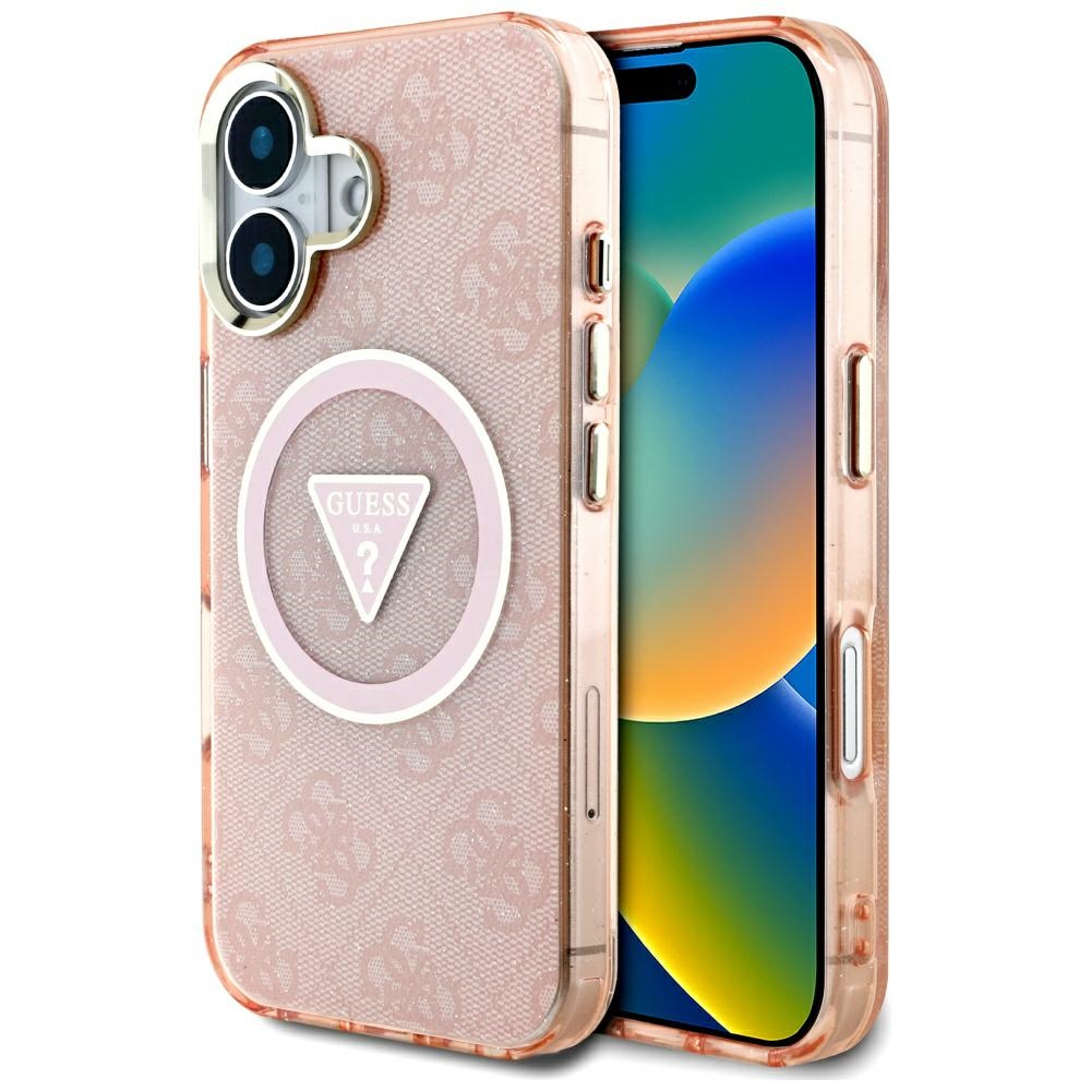 Guess - IML Metal Glitter 4G Circle Triangle MagSafe obal na iPhone 16 - ružový KF2347804
