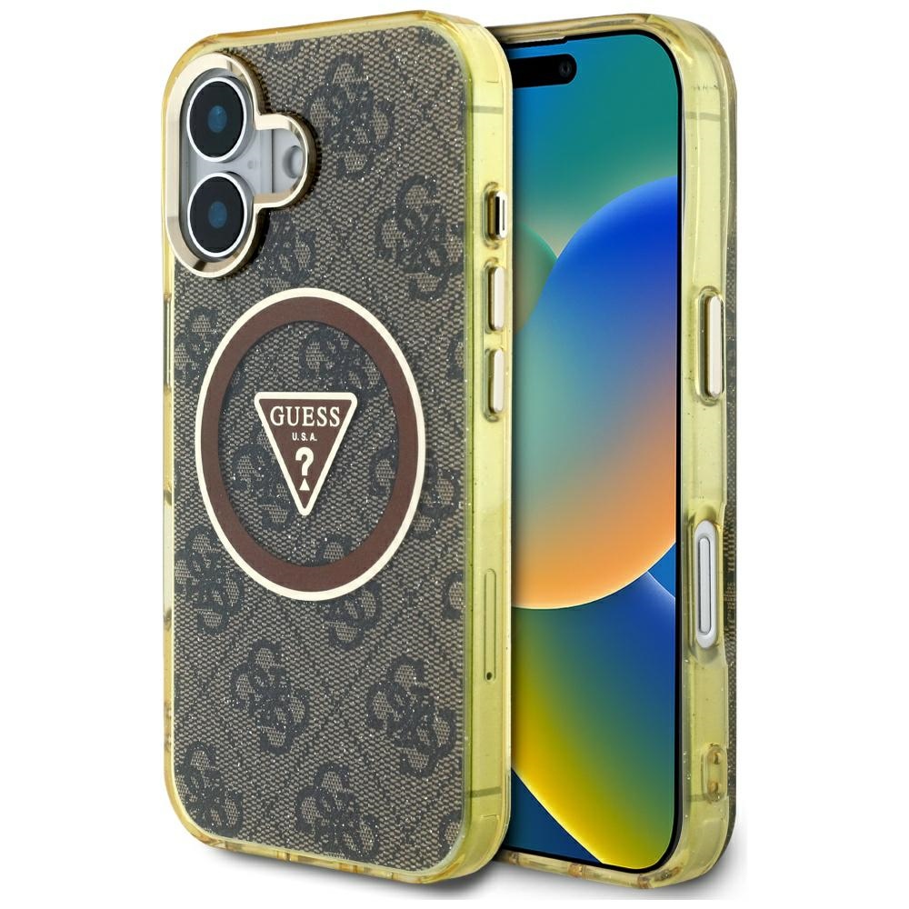 Guess - IML Metal Glitter 4G Circle Triangle MagSafe obal na iPhone 16 - hnedý KF2347805