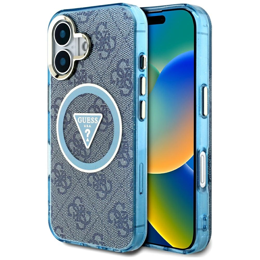 Guess - IML Metal Glitter 4G Circle Triangle MagSafe obal na iPhone 16 - modrý KF2347806