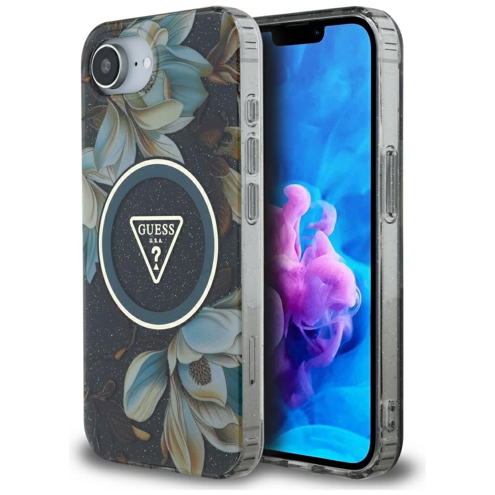 Guess - IML Metal Glitter Flowers Triangle MagSafe obal na iPhone 16e - čierny KF2347815