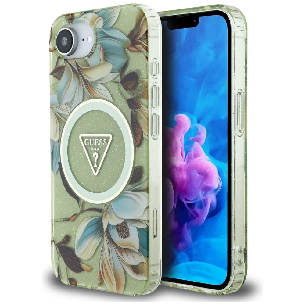 Guess - IML Metal Glitter Flowers Triangle MagSafe obal na iPhone 16e - zelený KF2347901