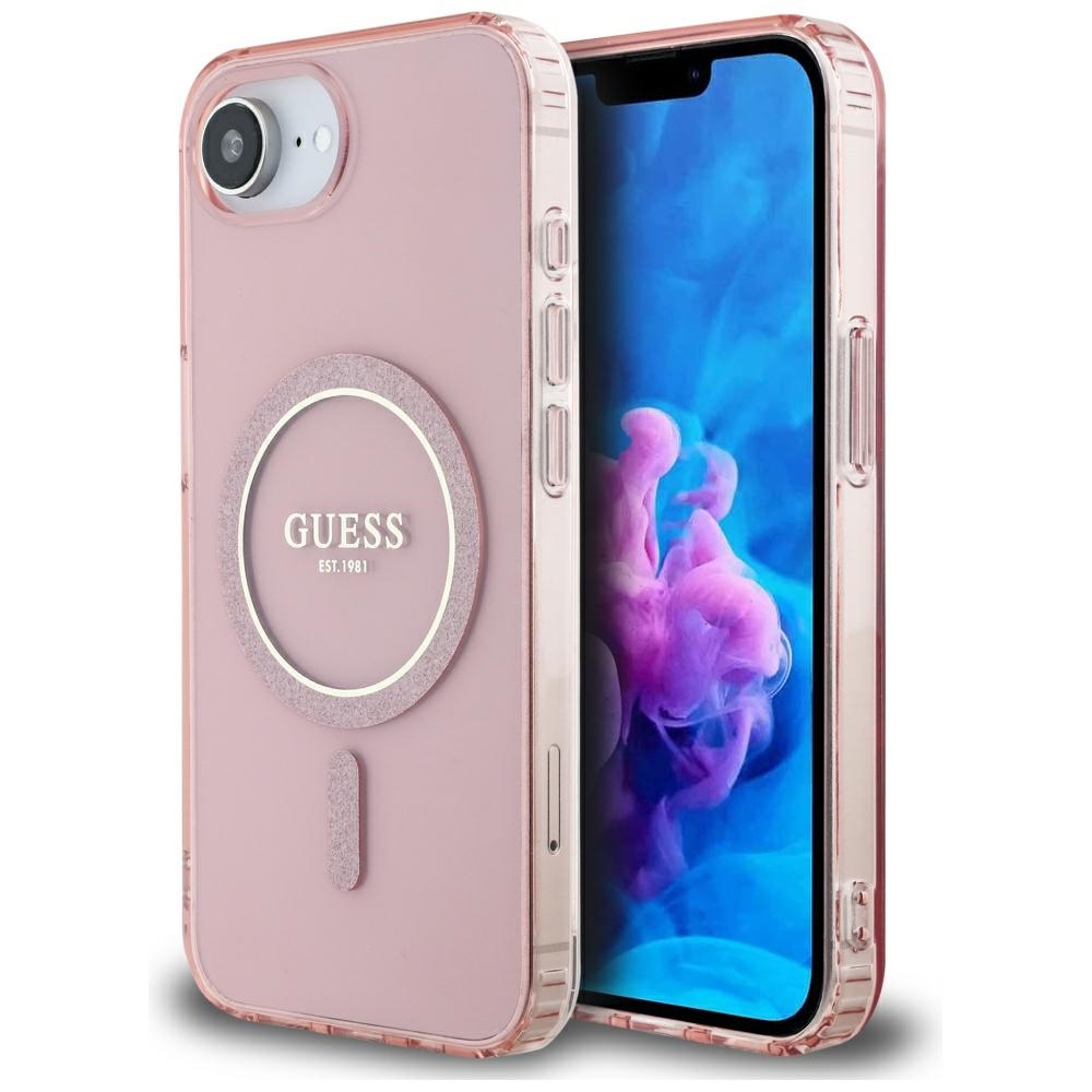 Guess - IML Glitter Circle MagSafe obal na iPhone 16e - ružový KF2347924