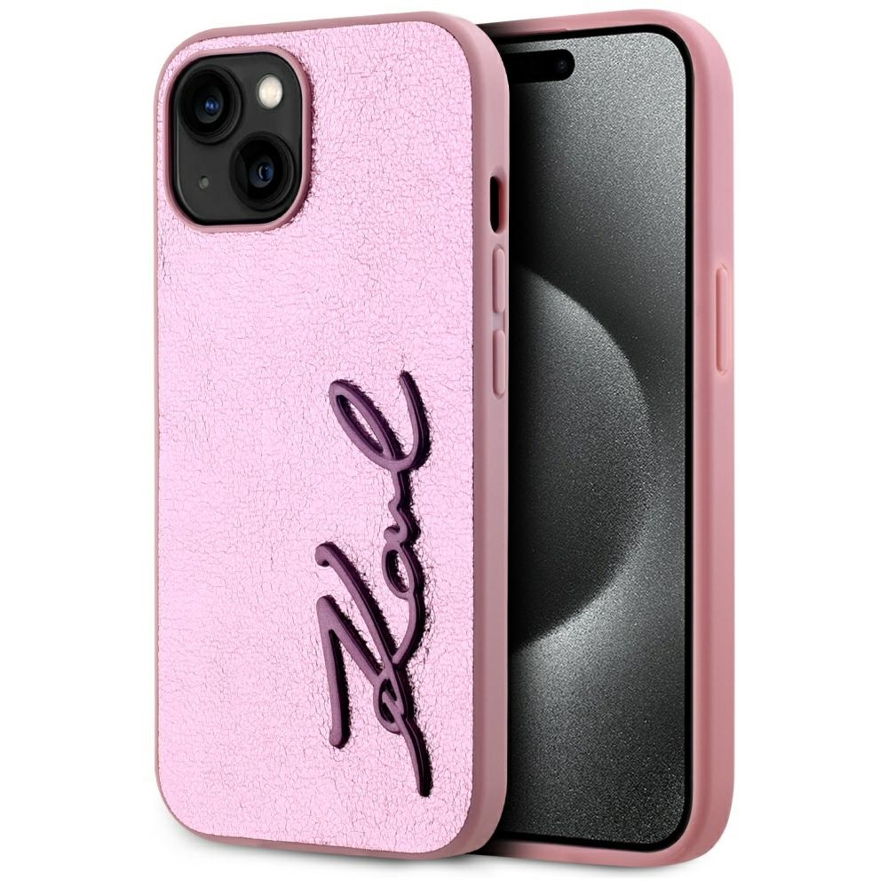 Karl Lagerfeld - Hardcase Leather (KLHCP15SPFMFBKMP) - iPhone 15 - Pink Metal Signature KF2348058
